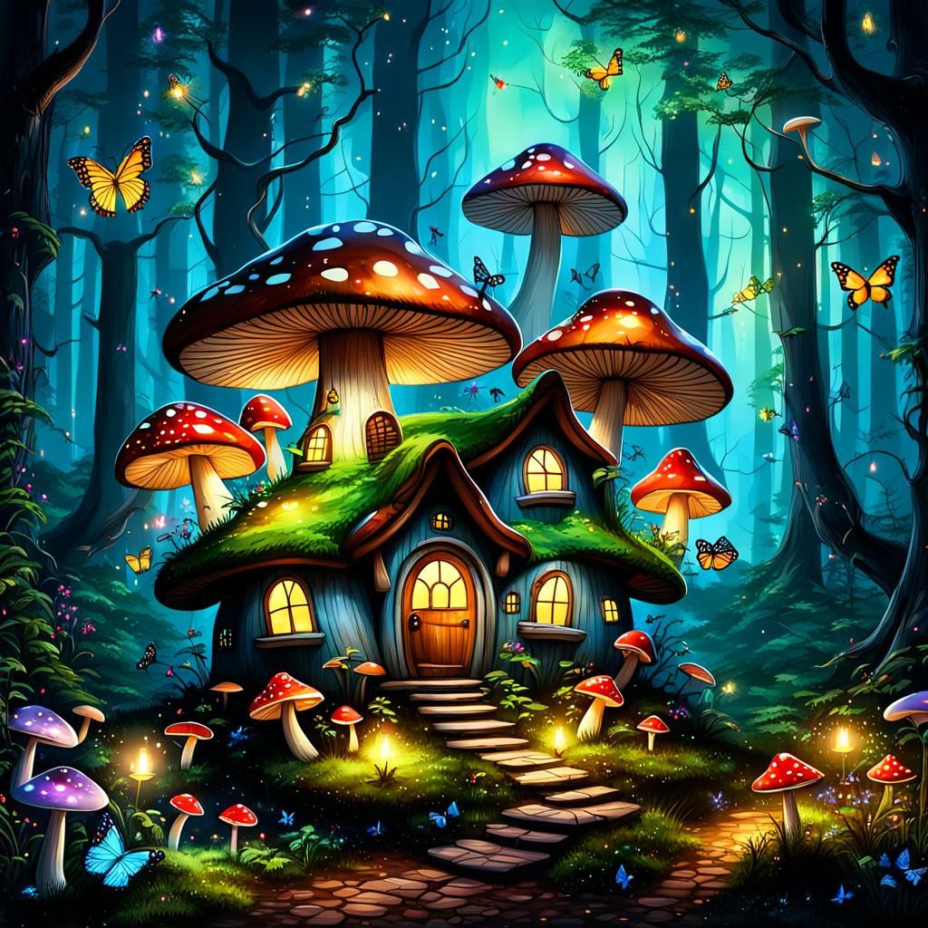 Enchanted Mushroom House in Forest with Fireflies