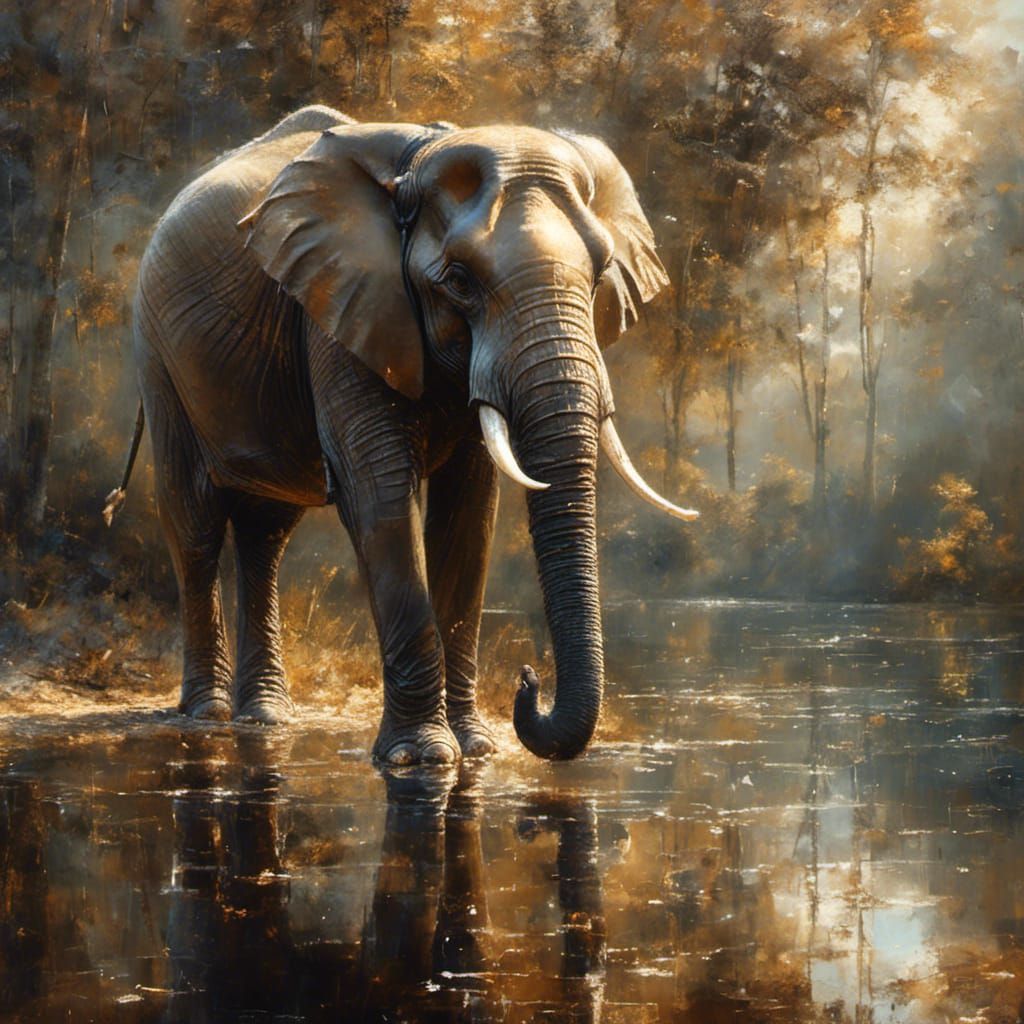 Elephant Reflection at Watering Hole: Exquisite Painting