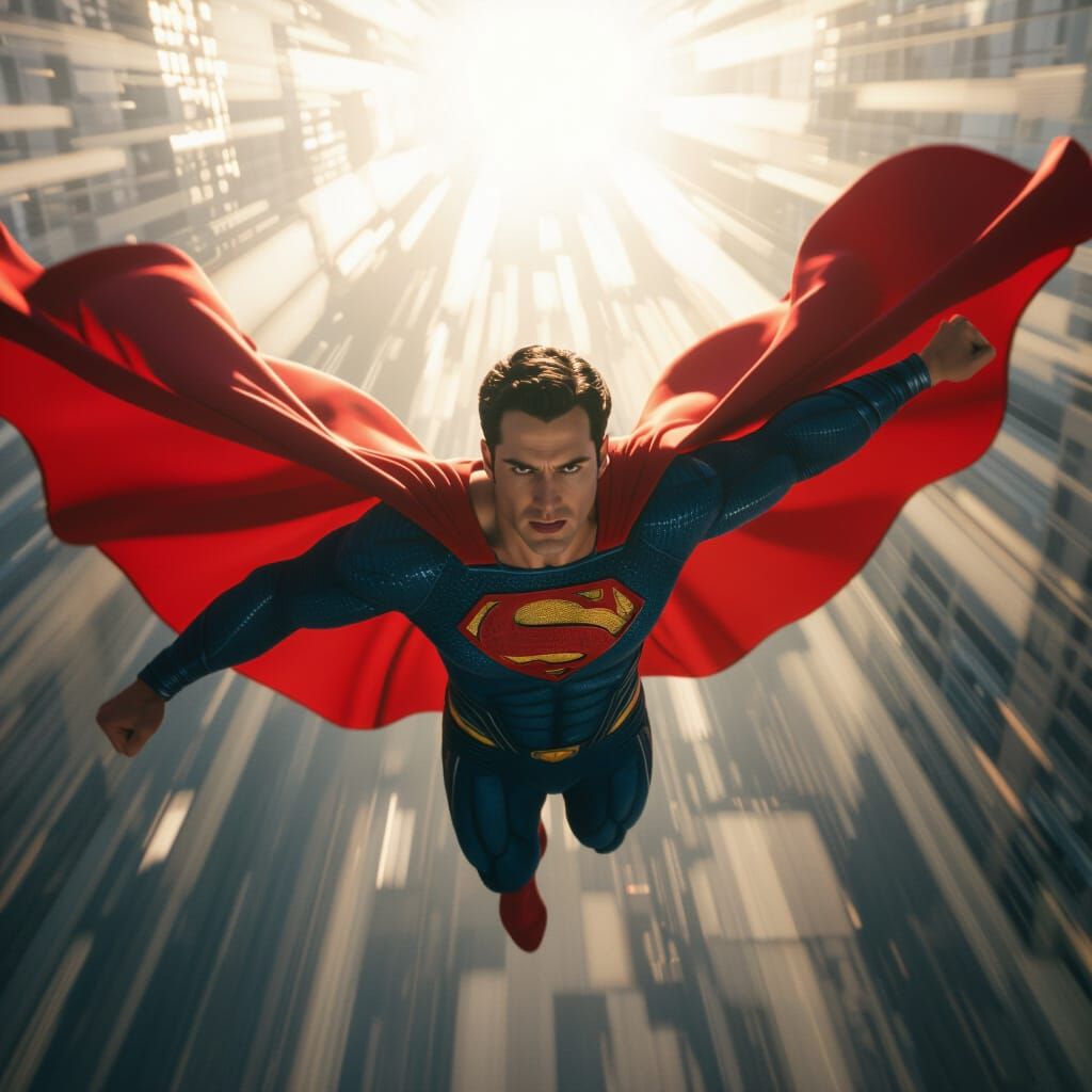 Man Soars Through Air in Hyperrealistic Superman Portrait