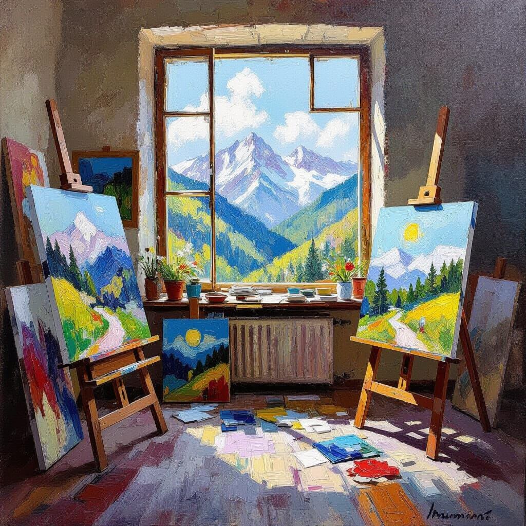Painter's Studio with Carpathian Views, Impasto Style