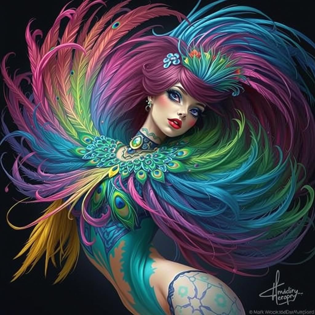 Rainbow Woman with Peacock Feathers in Comic Style