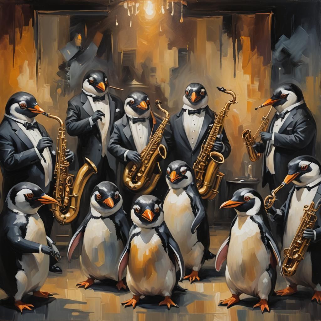 Penguin Jazz Club in Film Noir Oil Painting