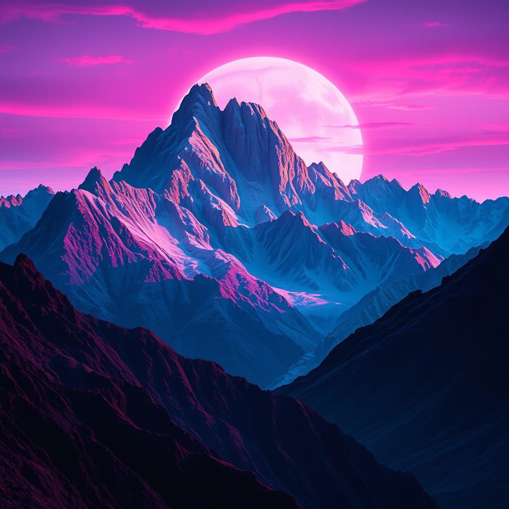 Epic Retro Futuristic Mountain Landscape in Neon Synthwave S...