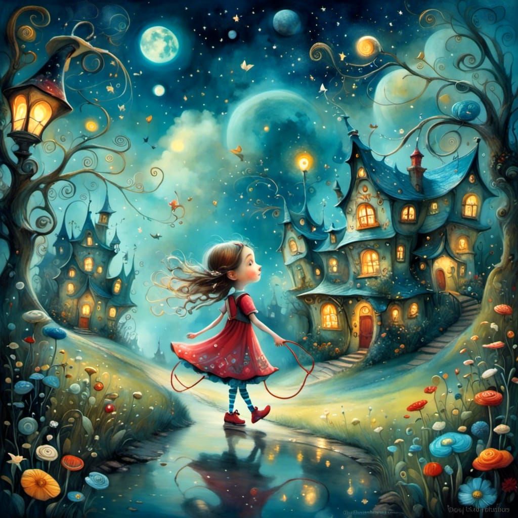 Girl Skipping Rope in Whimsical Dreamscape