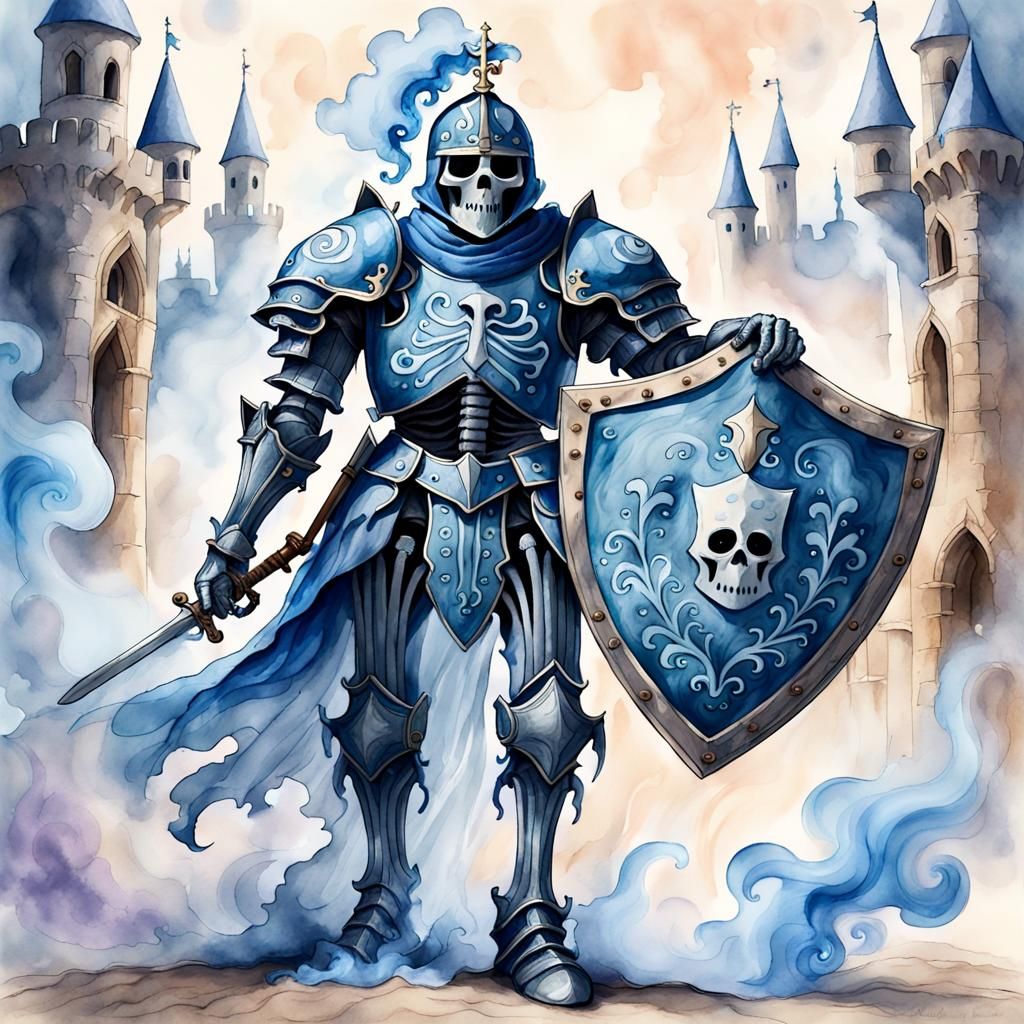 Pastel Watercolor: Adorable Smoke Knight with Shield