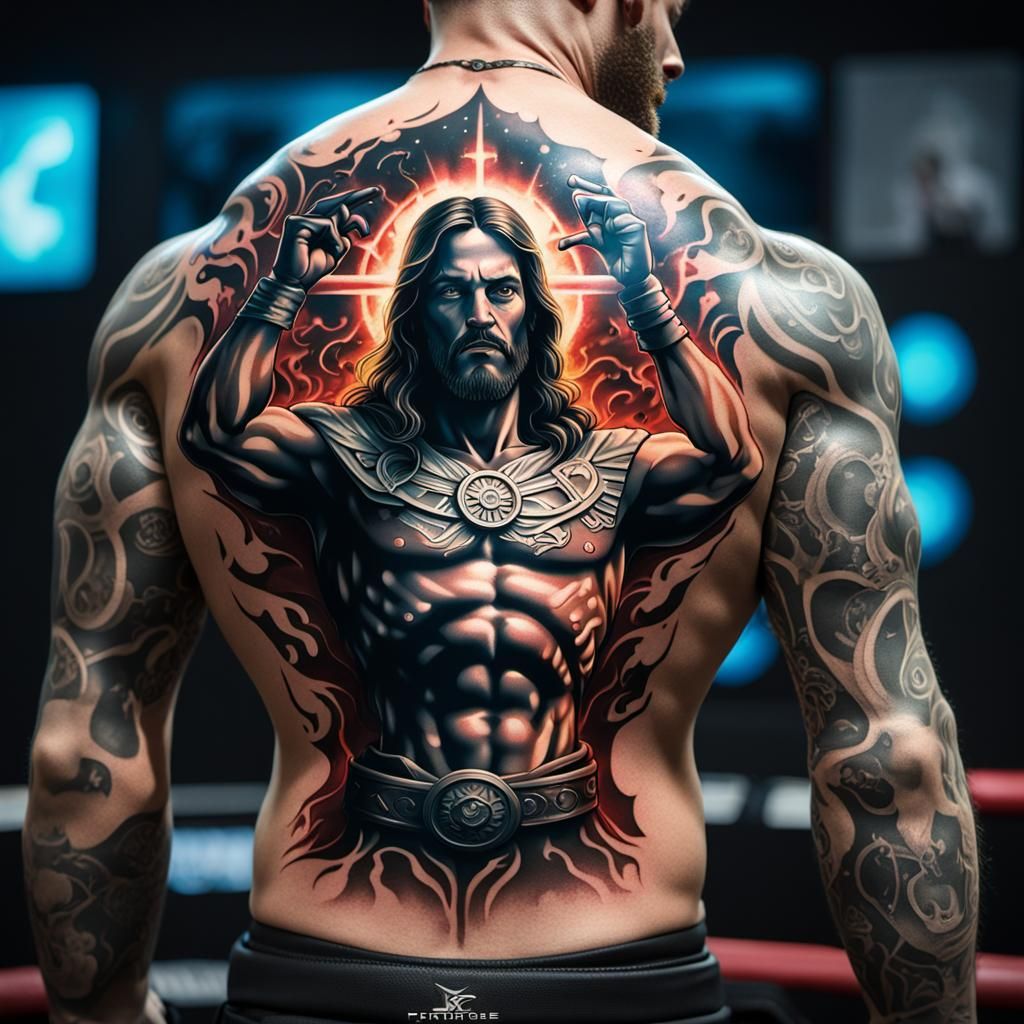 3D tattoo on wrestlers back of Jesus through  back breathing...