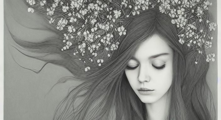 Woman with Narcotic Flower in Etching Style