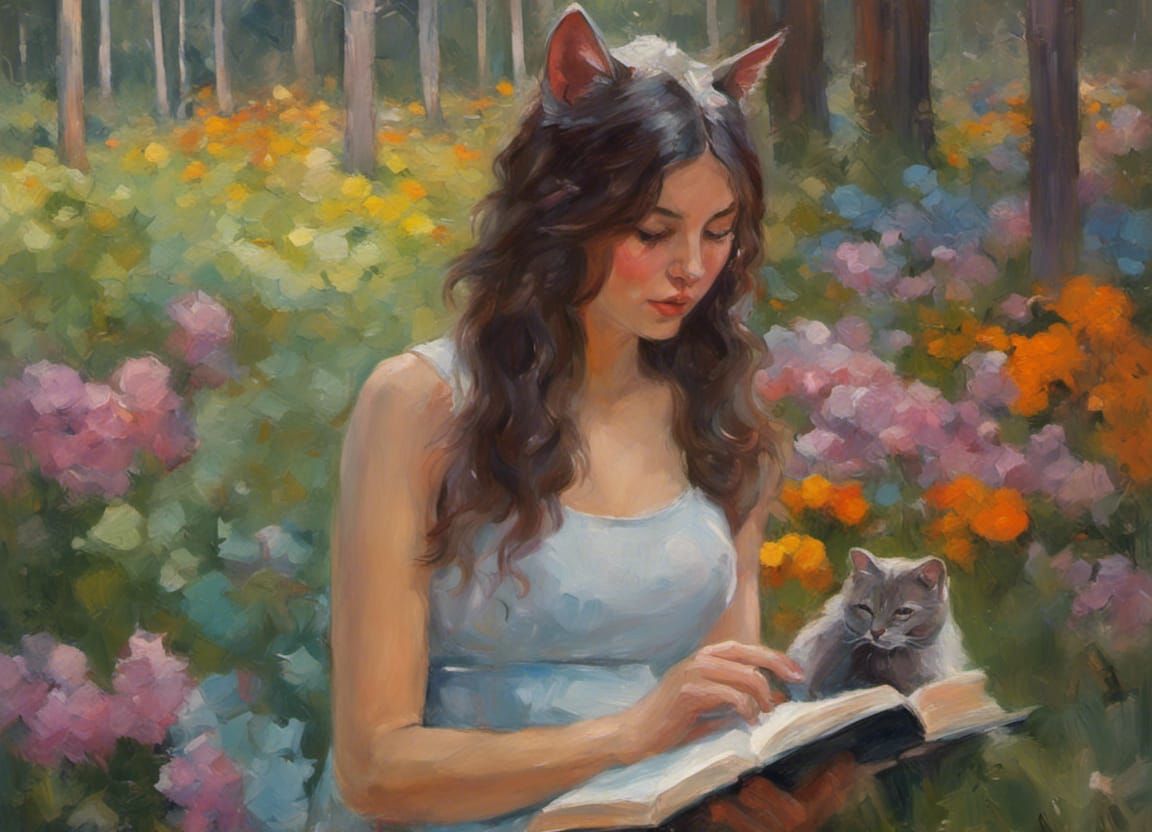 Cat Reading Book in Colorful Forest Oil Painting