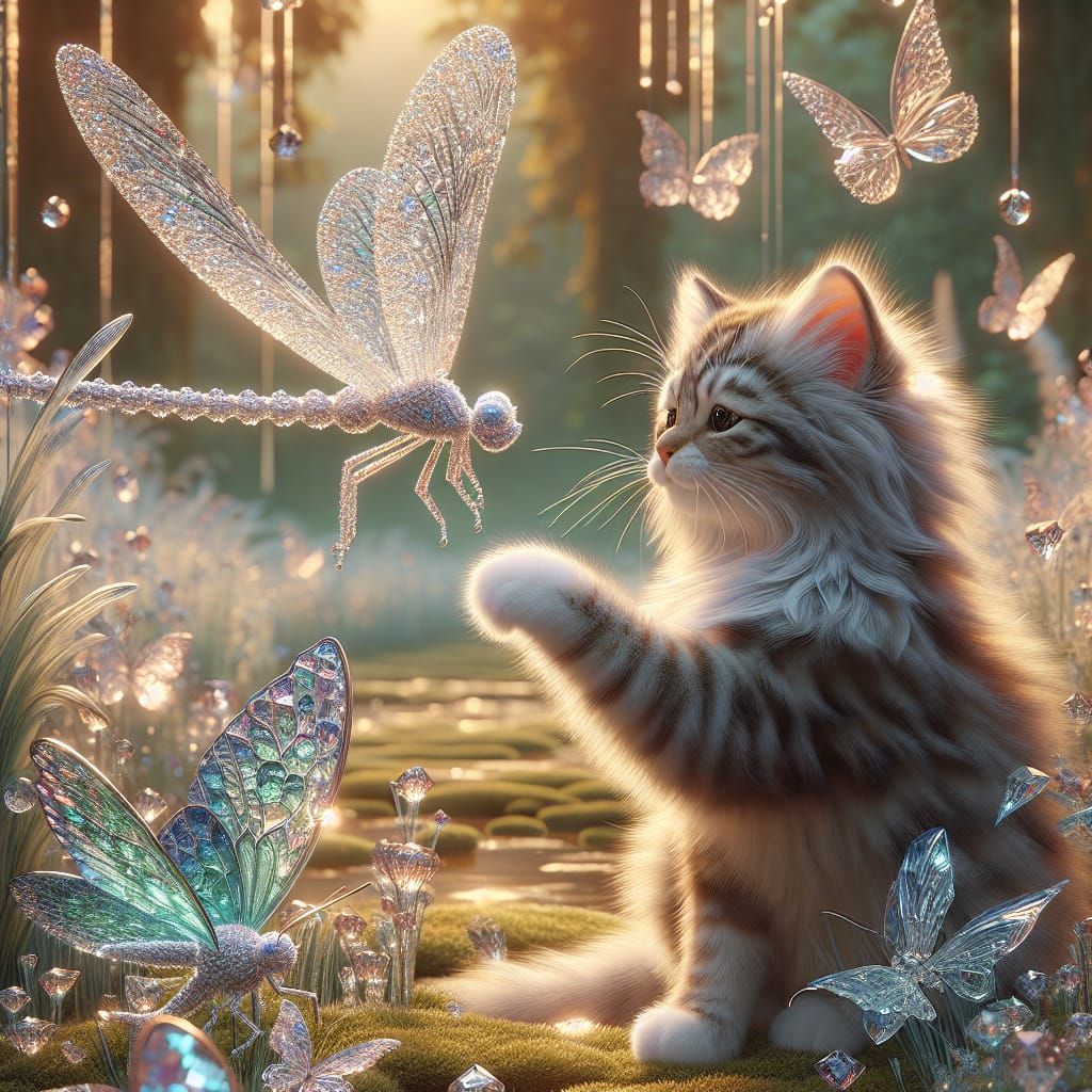 Kitten Batting Crystal Dragonfly in Enchanted Garden