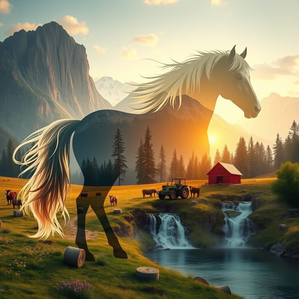Ethereal Horse Silhouette in Serene Mountain Landscape