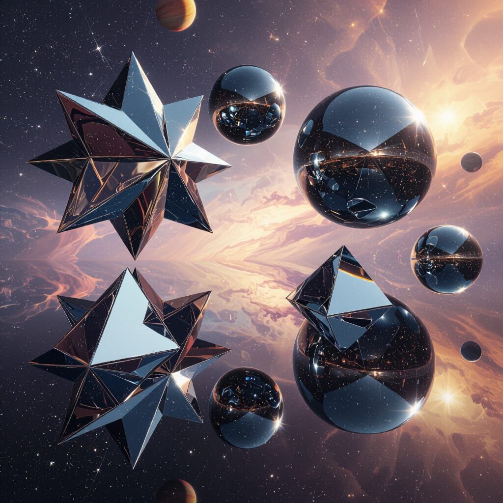 Shiny Mirror Geometric Shapes Reflecting in Deep Space