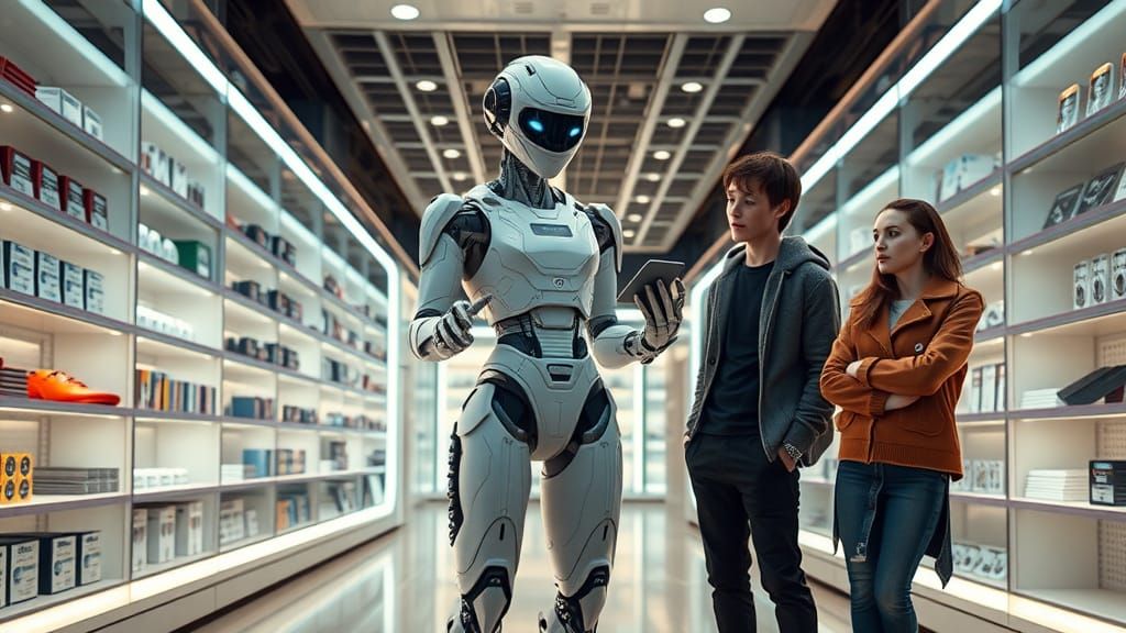 Friendly Robot Rosie Working as Shop Assistant