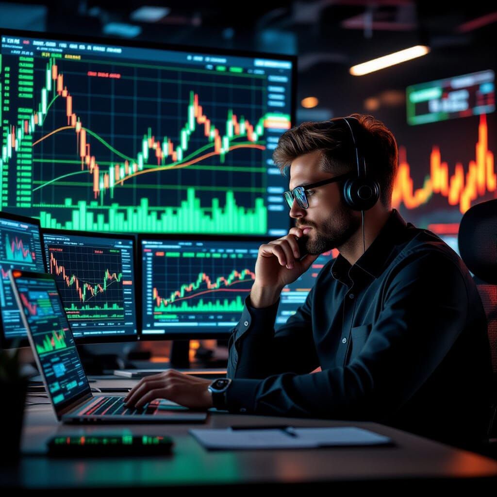 Forex Trader at Desk with Stock Chart, Futuristic Style