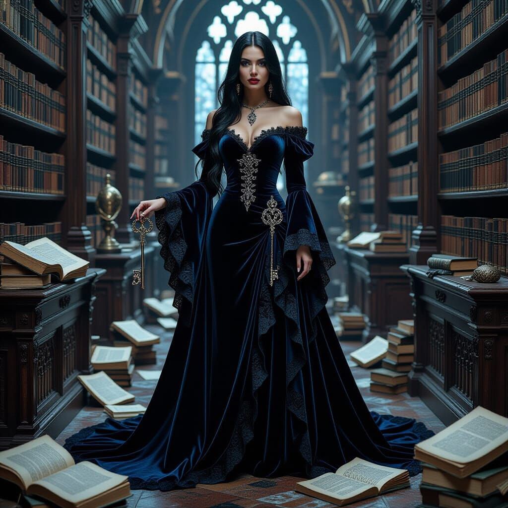 Gothic Woman in Grand Library, Dark Fantasy Art