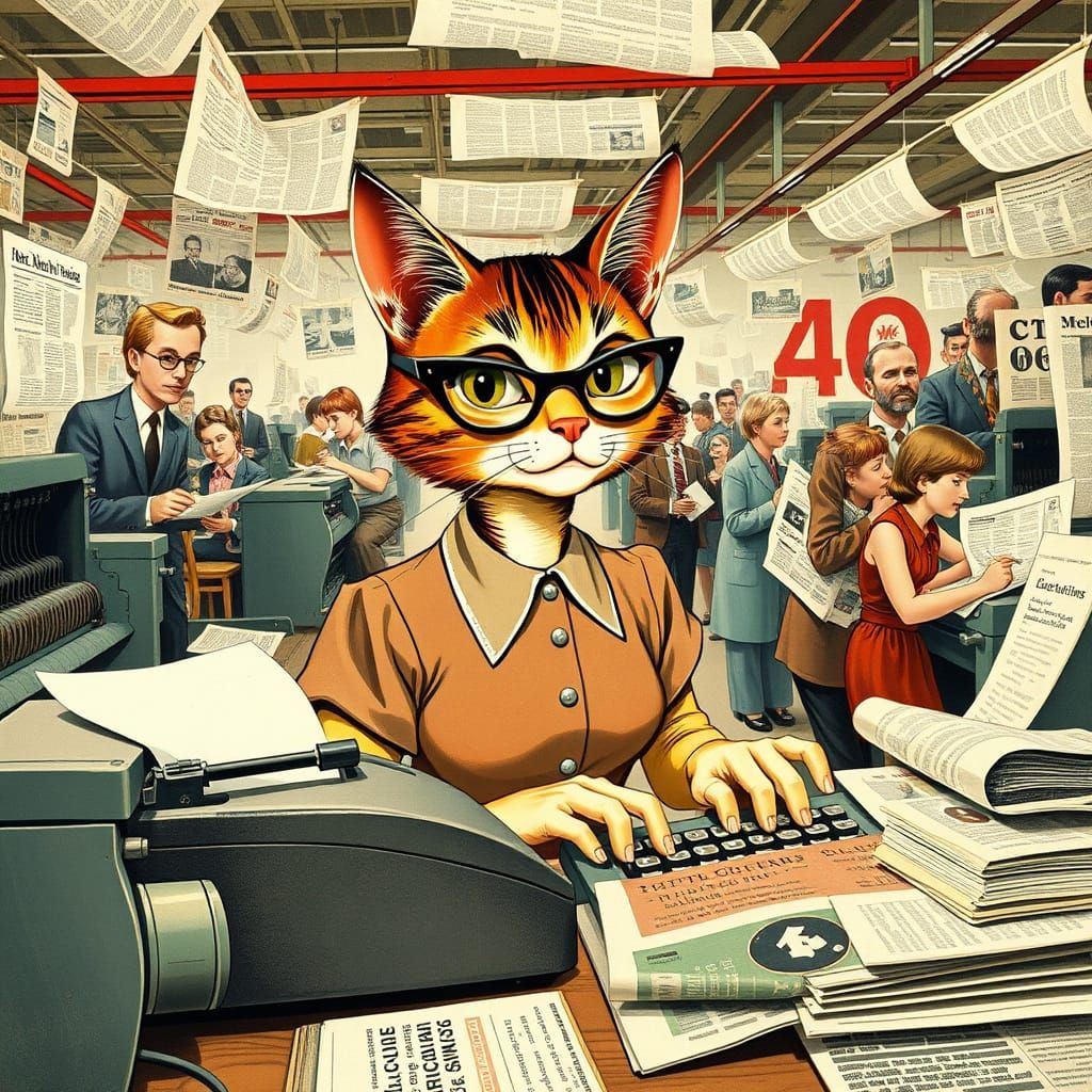 Cat Secretary in 1960s Newspaper Office Illustration