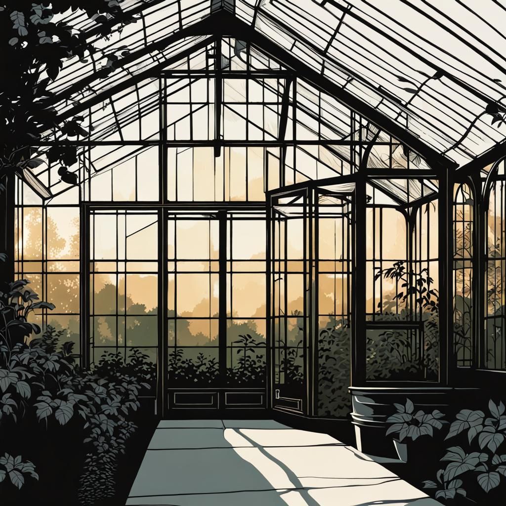 High Contrast Greenhouse Illustration at Dusk