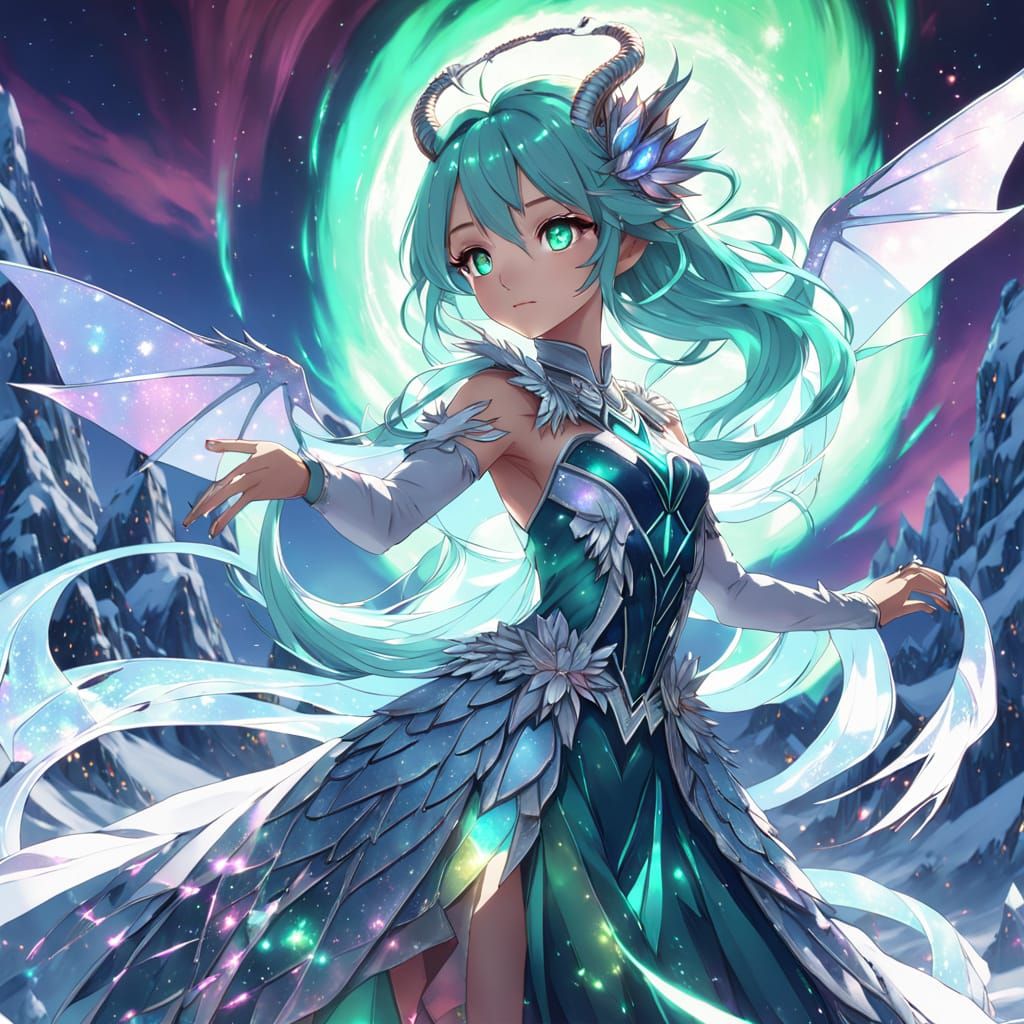 Celestial Anime Dragon Girl Dancing Under Aurora Borealis