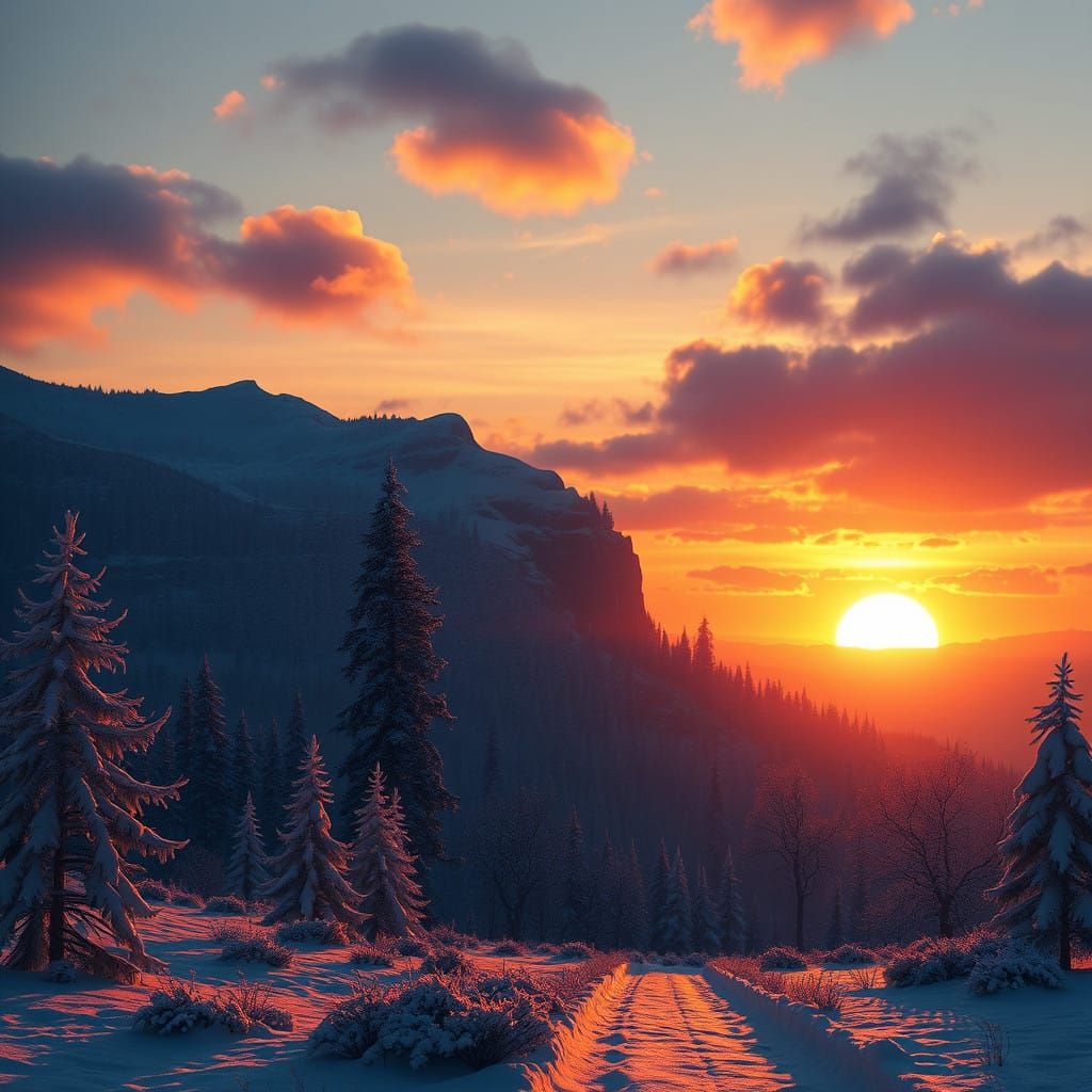 Ethereal Winter Sunset in Fantastical Landscapes