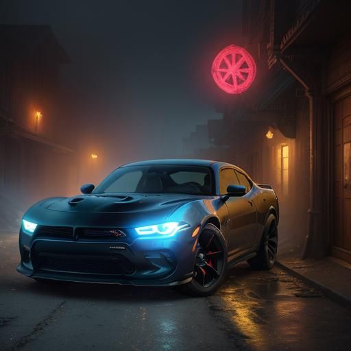 Mystical Dodge Hellcat in Fantasy Alleyway Concept Art
