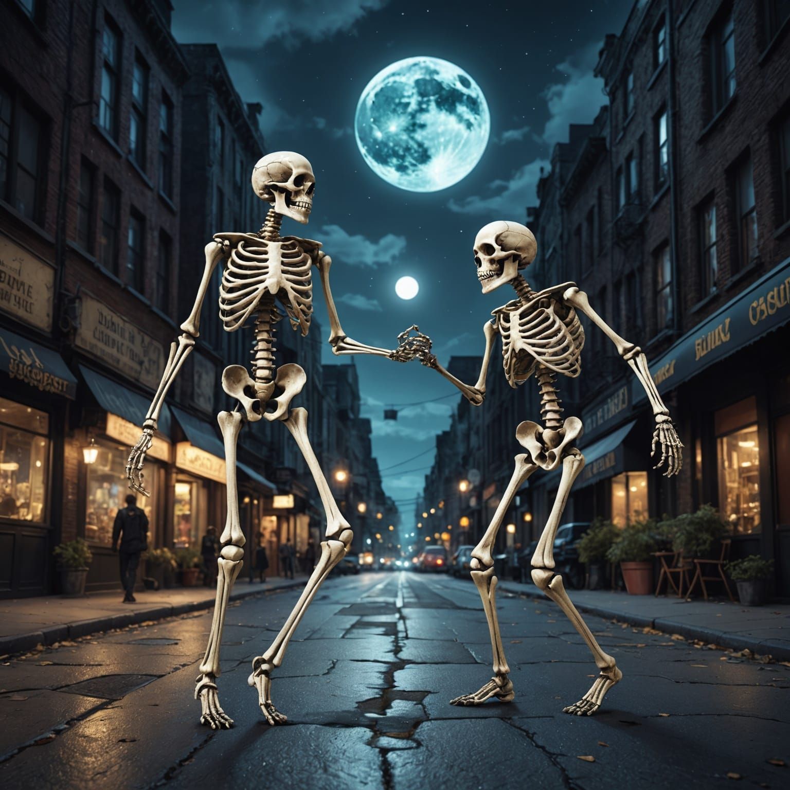 Skeletons Dance: Surreal Digital Art on Moonlit Street