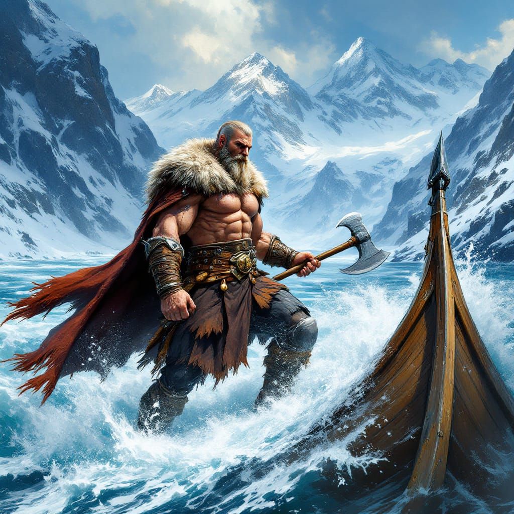 Viking Warrior on Longship in Fjord