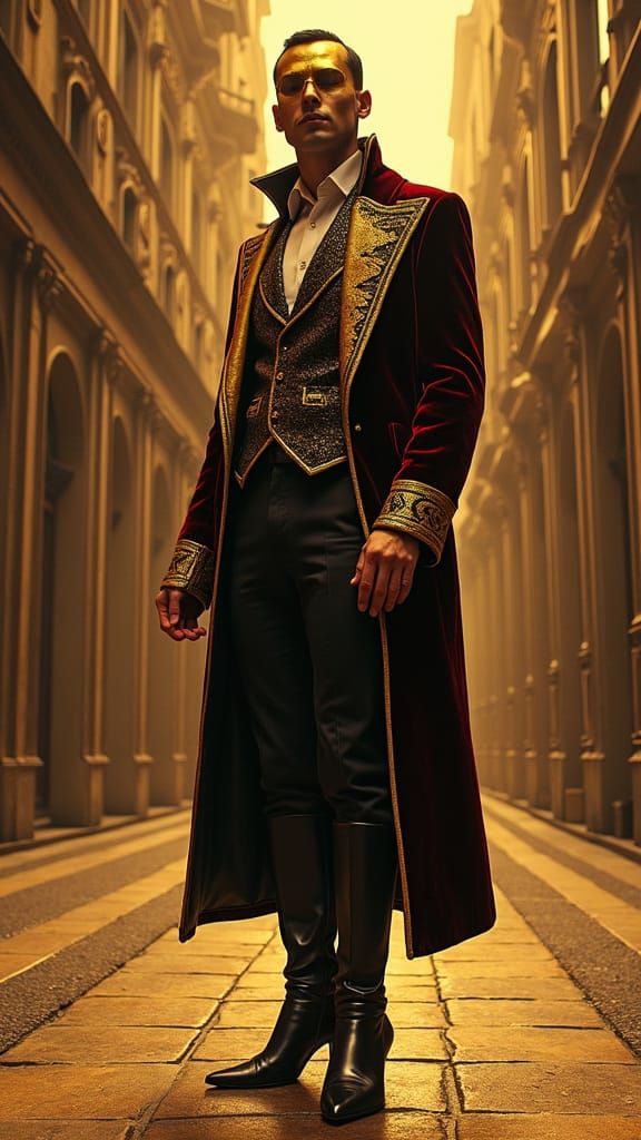 Man in Velvet and Gold Avant-Garde Fashion