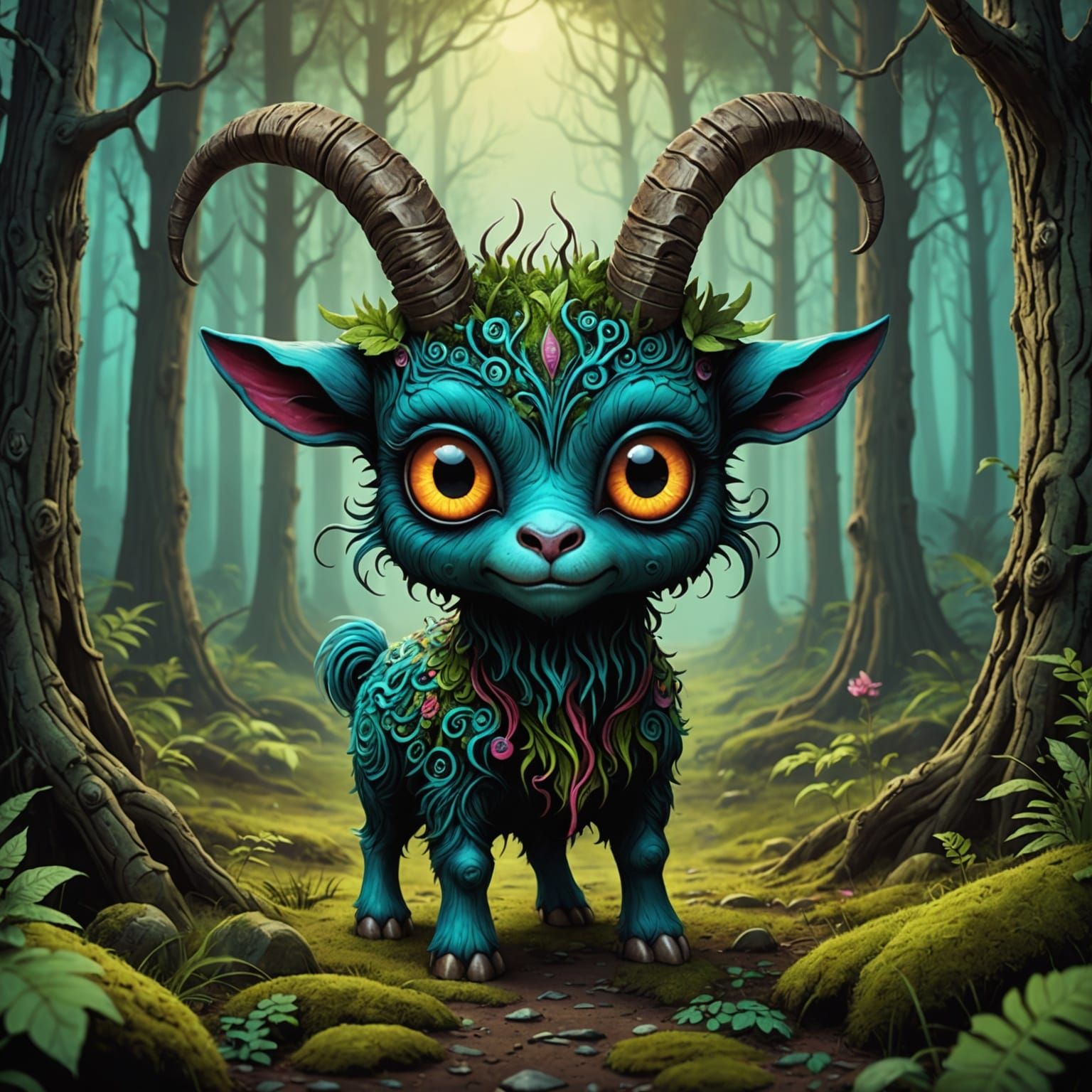 Demon Goat in Psychedelic Forest: Alex Pardee Style