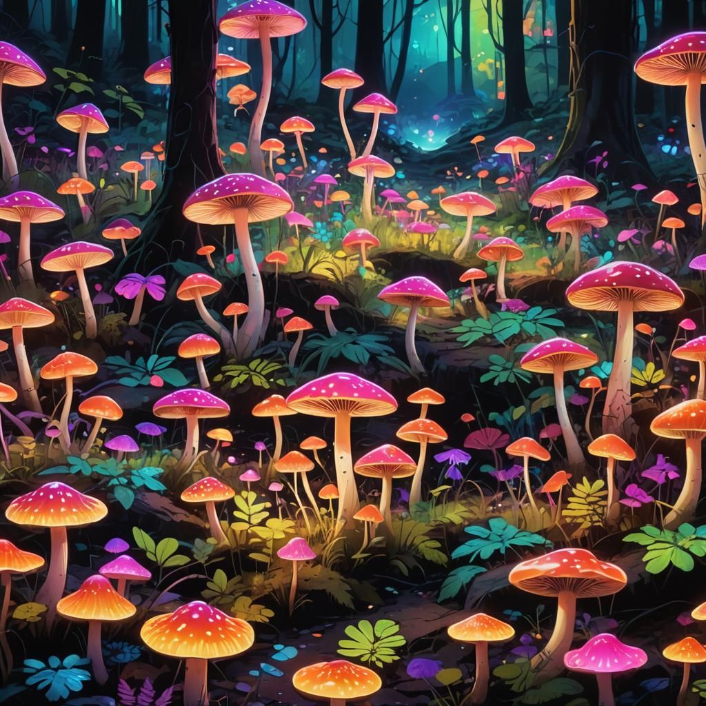 Neon Fantasy: Fluorescent Mushrooms in Abstract Forest