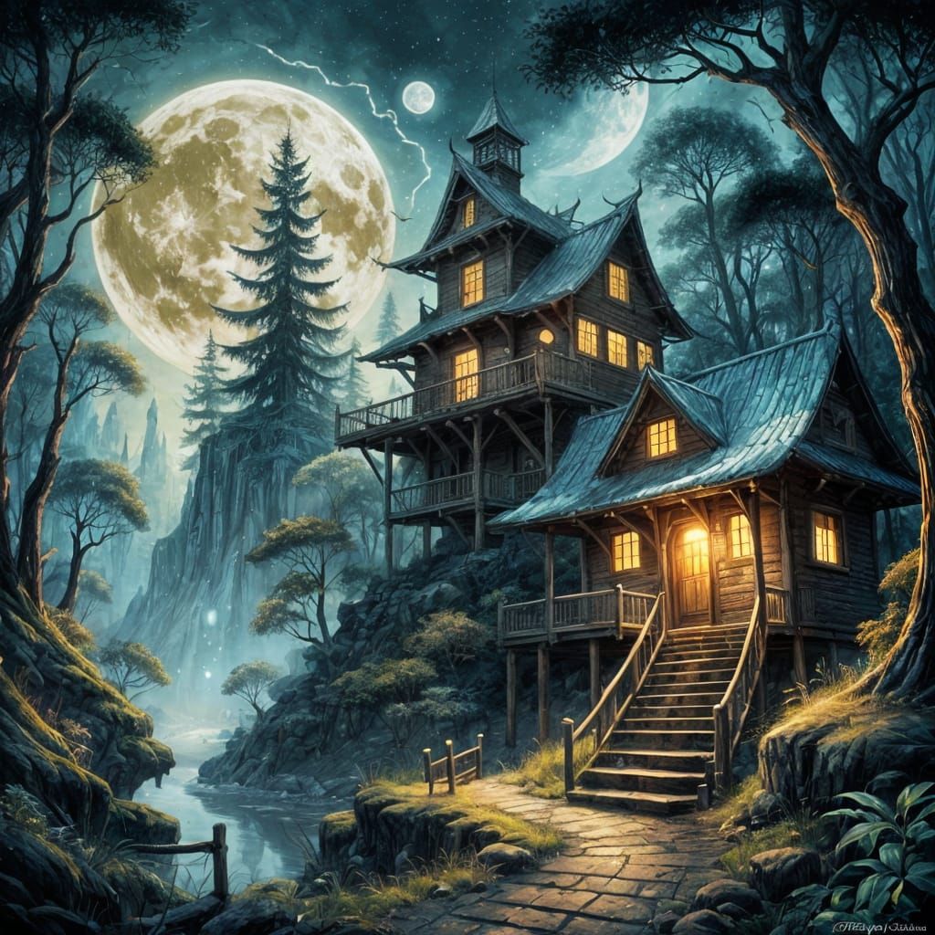 Mystical Moonlit Forest Scene in Expressive Art