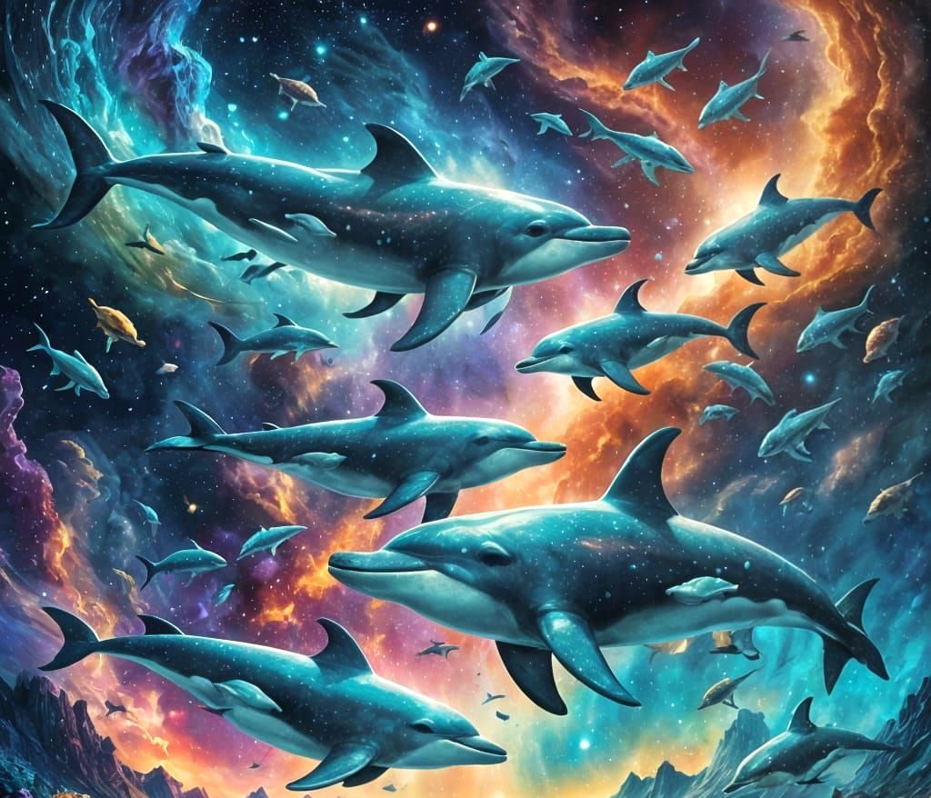 Dolphins Swim Through Space Nebulas: Cinematic Art