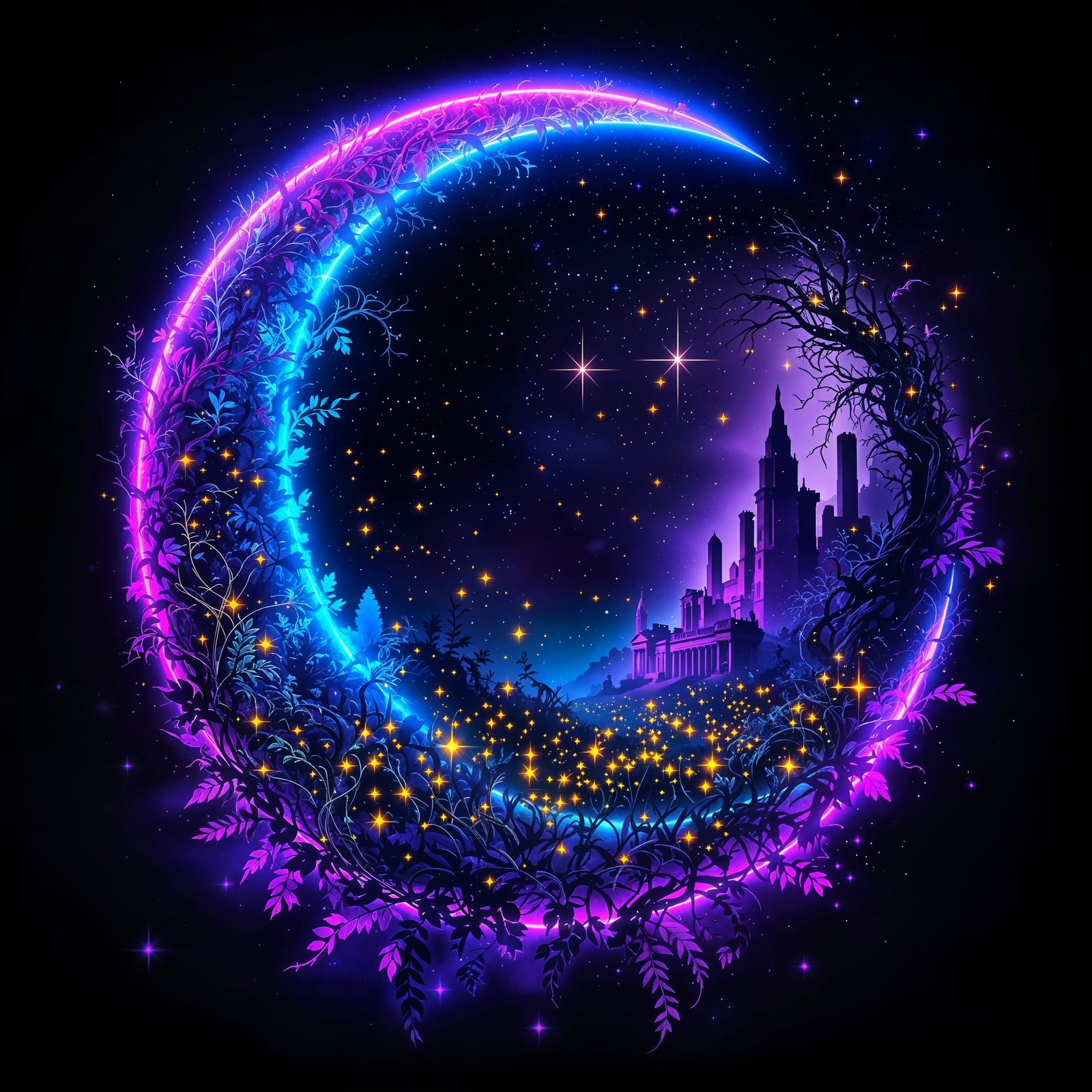 Surreal Cyberpunk Moonlit Scene with Neon Glow