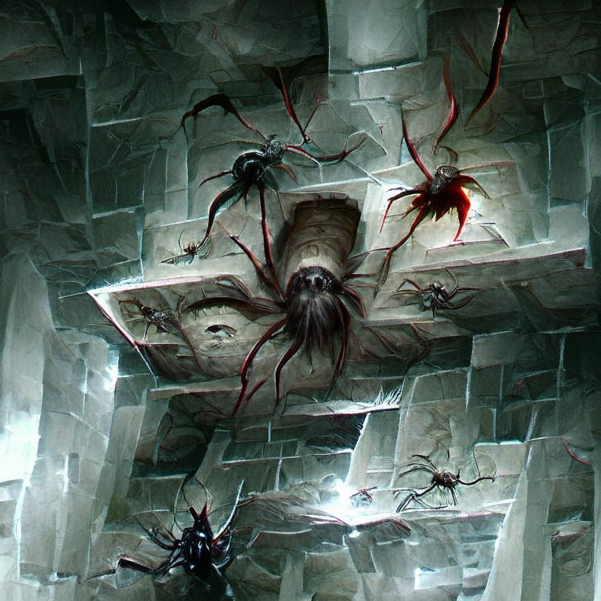 Giant Spiders Crawling in Dark Dungeon