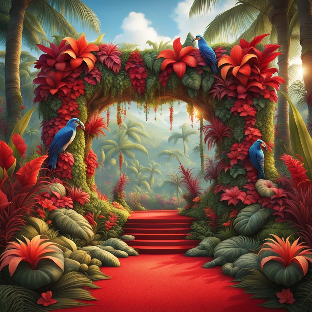 Tropical Floristry Art on Red Carpet, Detailed Matte Paintin...