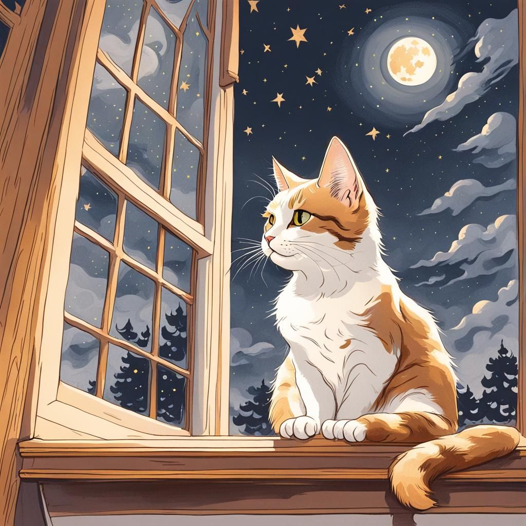 Cat Stargazing at Moonlit Window Illustration