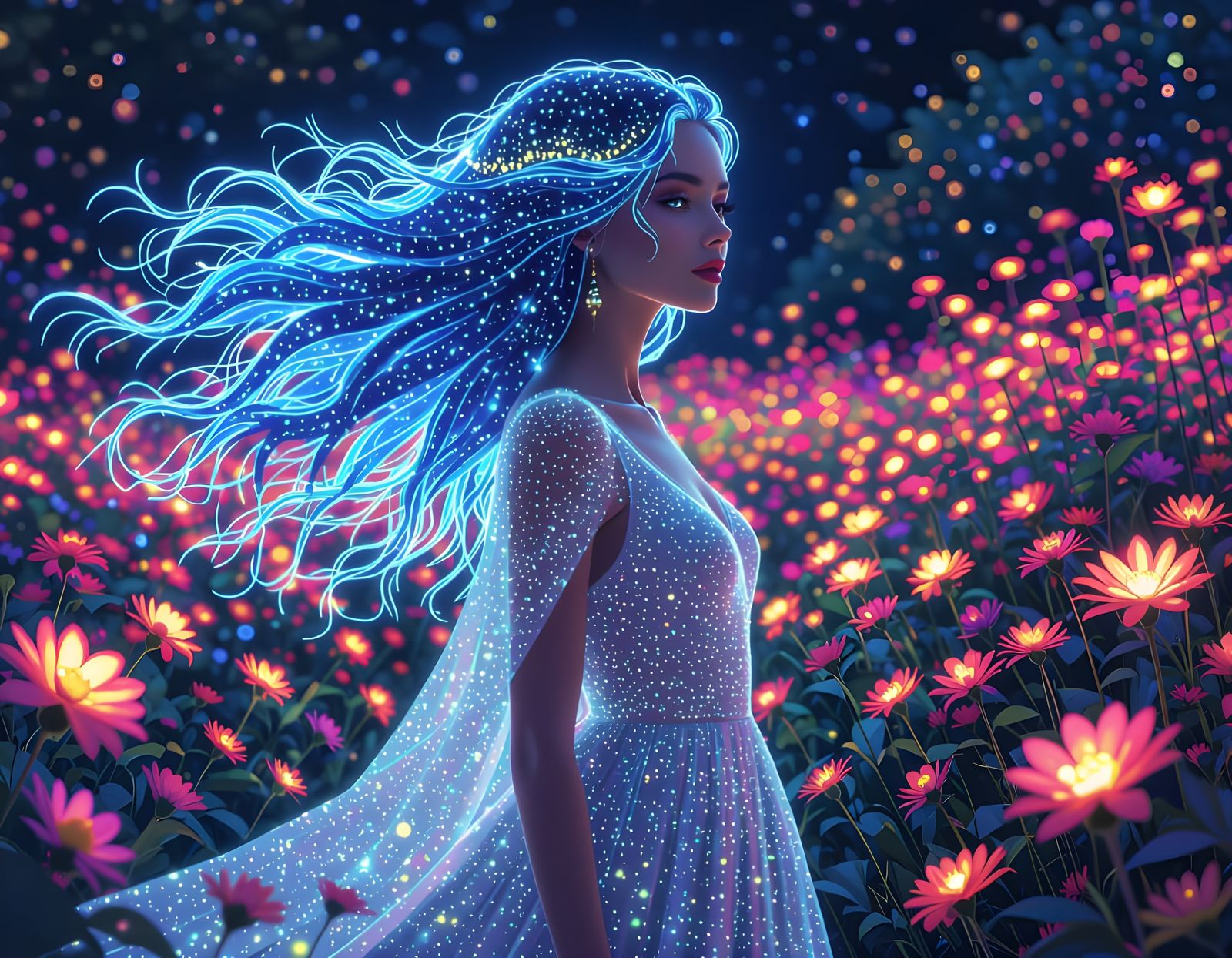 Bioluminescent Woman in Pointillist Garden