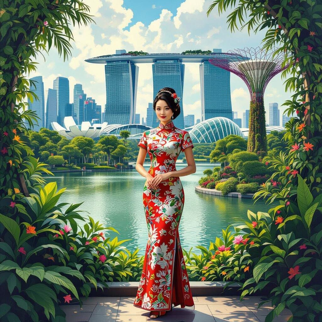 Singaporean Woman at Gardens by the Bay, Surreal Style
