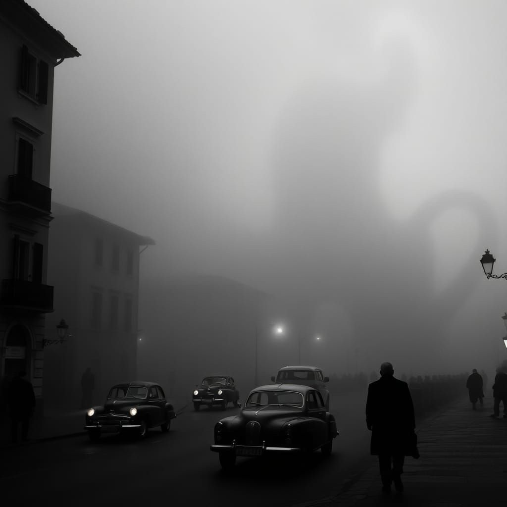 Ethereal Fog Envelops Italian City in Film Noir Style