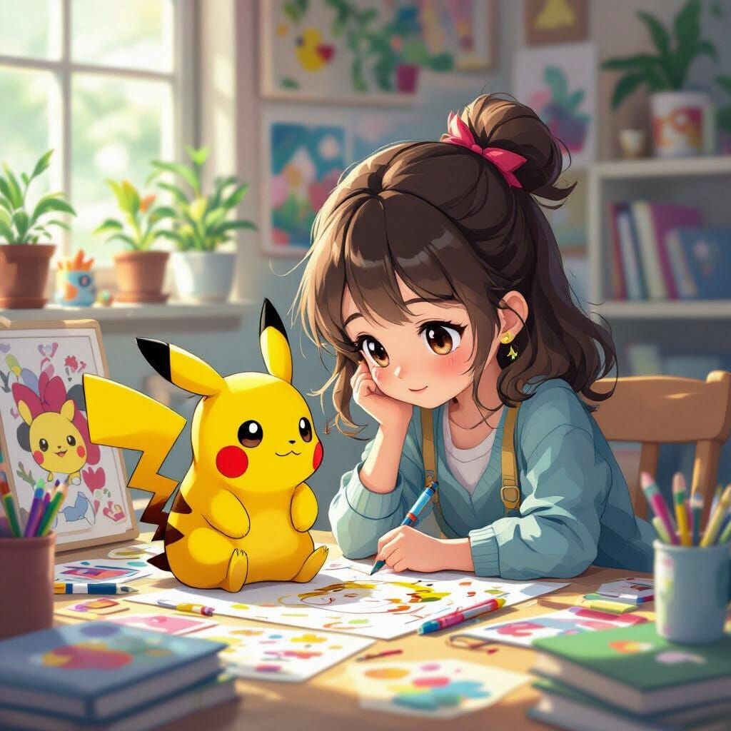 Girl Draws Chibi Pikachu in Colorful Anime Studio