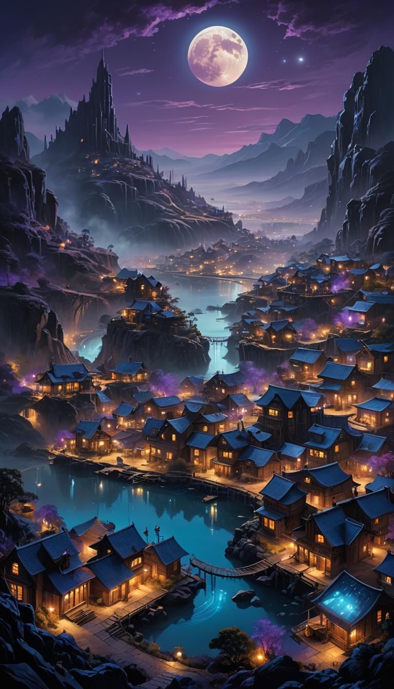 Dreamscape full moon glimert and sparkle over a bioluminesce...