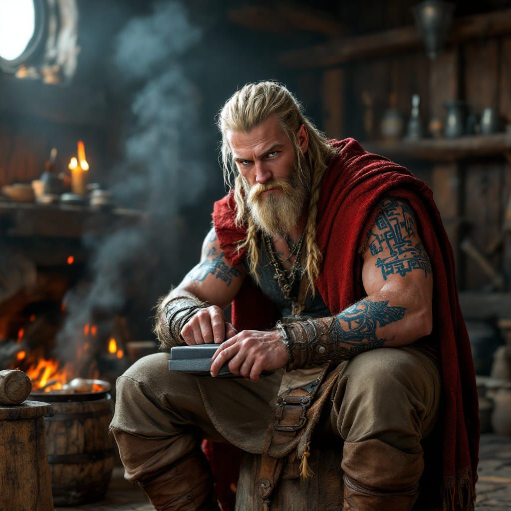 Viking Sharpening Axe in Mead Hall