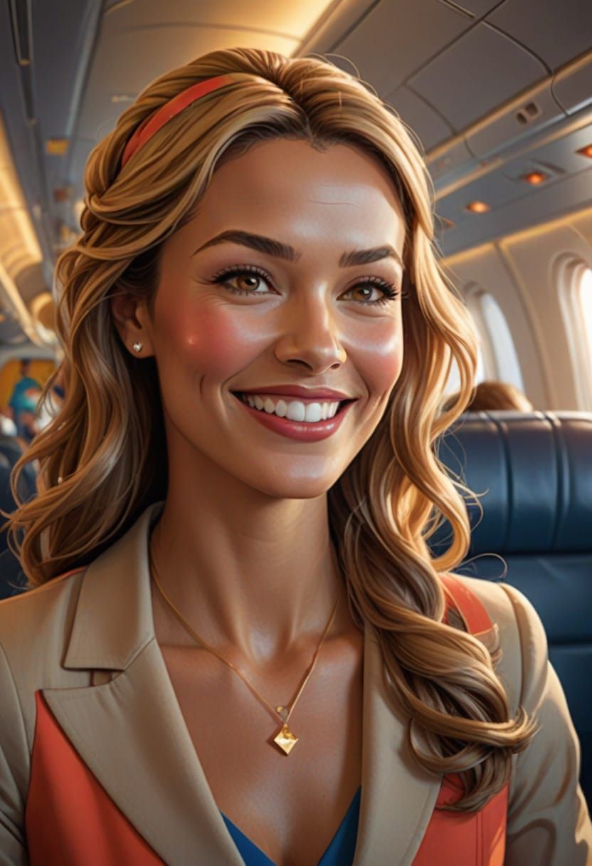Cartoon Flight Attendant in Vibrant Airplane Cabin