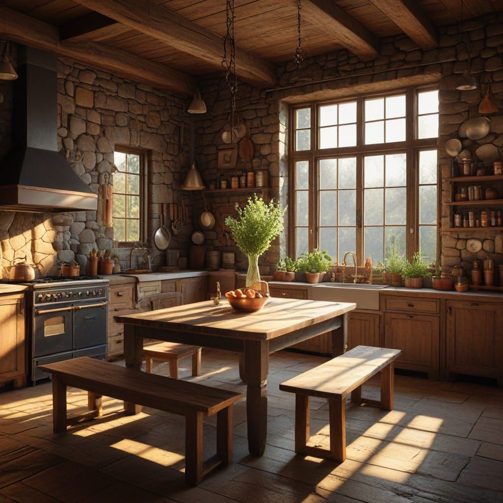 Cozy Rustic Kitchen Scene in Warm Golden Light