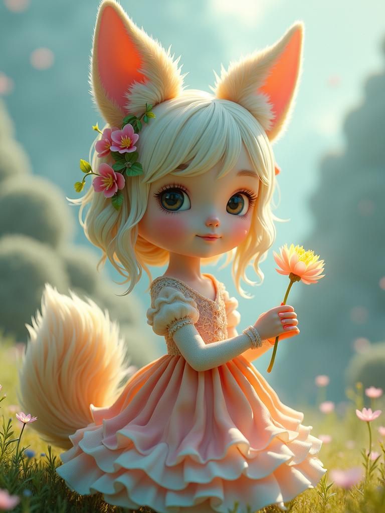 Fox-Eared Girl in Dreamy Landscape as 3D Art