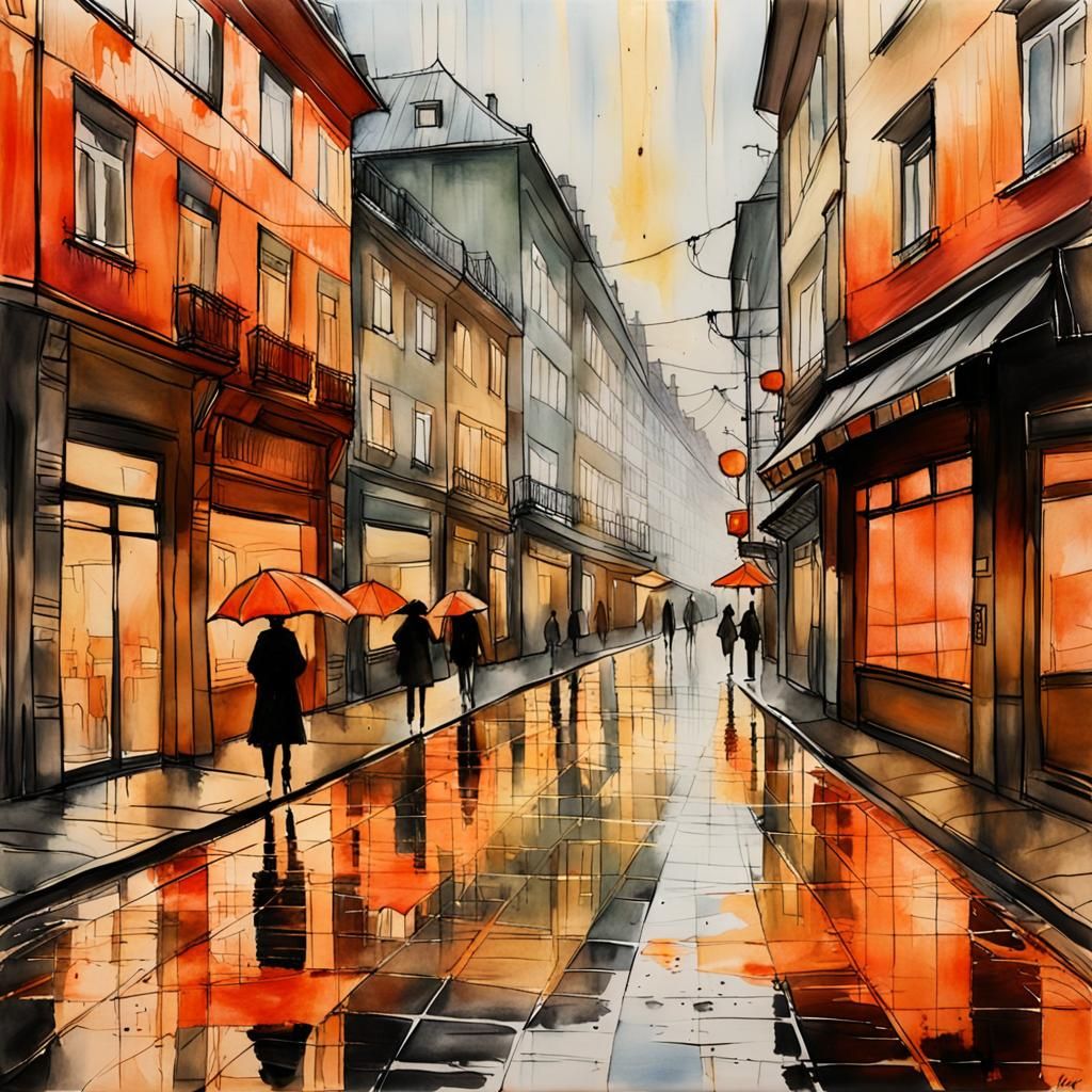 Rainy Cityscape in Encaustic Alcohol Ink Style