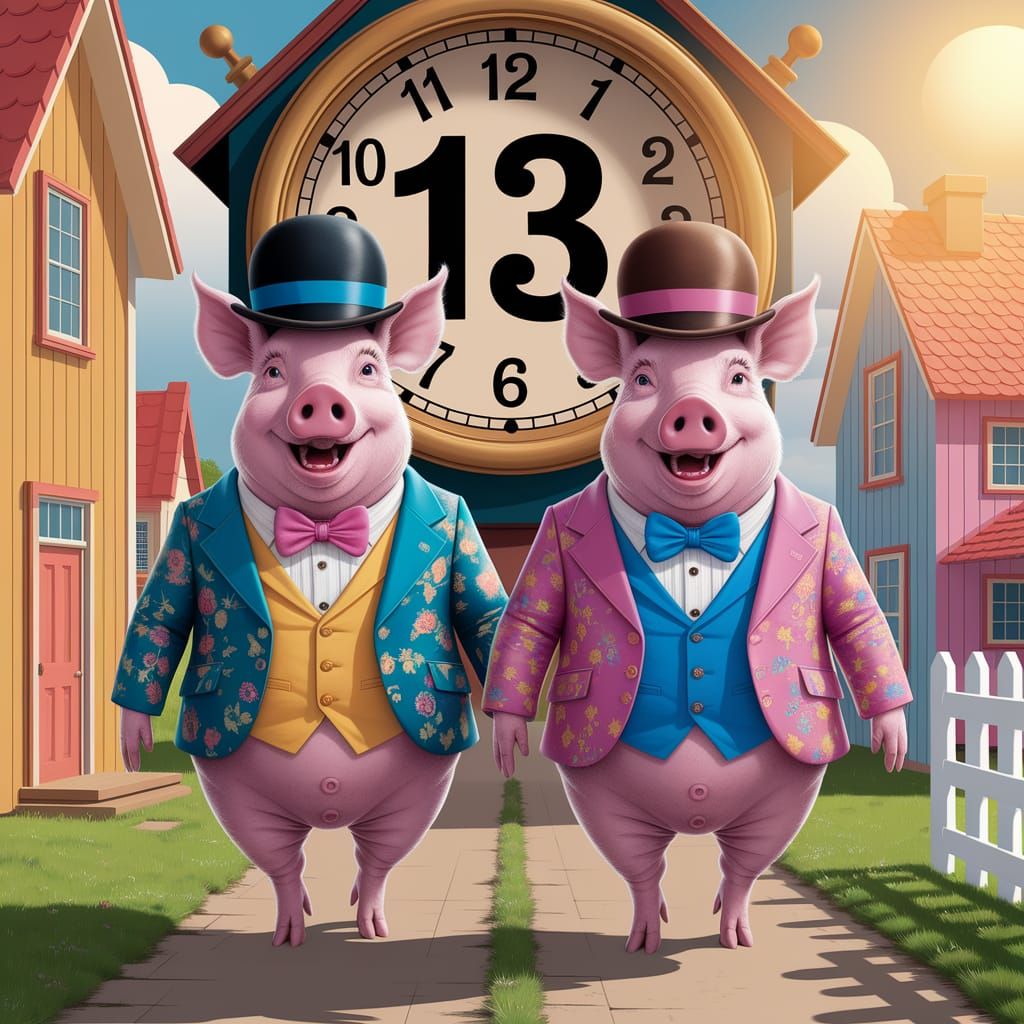 Charming Digital Art of Upright Pigs in Whimsical Farm