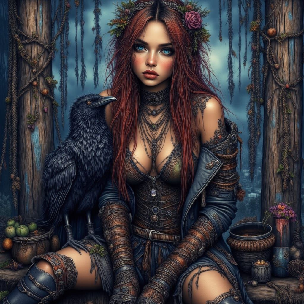 Gothic Punk Girl with Raven in Bohemian Art Nouveau Style