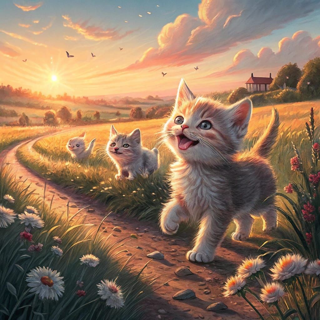 Happy Smiling Kittens Return Home at Sunset in an Impasto Pa...