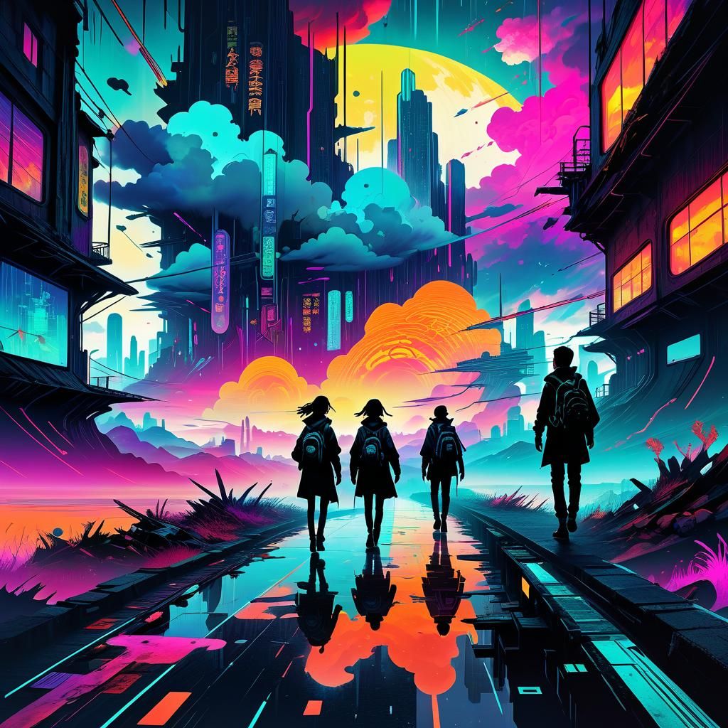 Cyberpunk Adventurers Journey to a Neon City