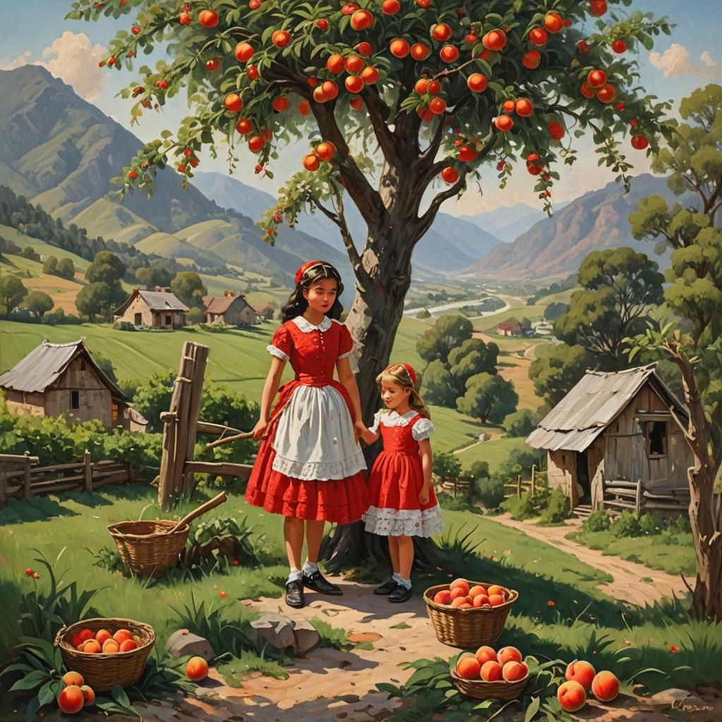Girls Harvesting Peaches: Oil Painting by James Gurney