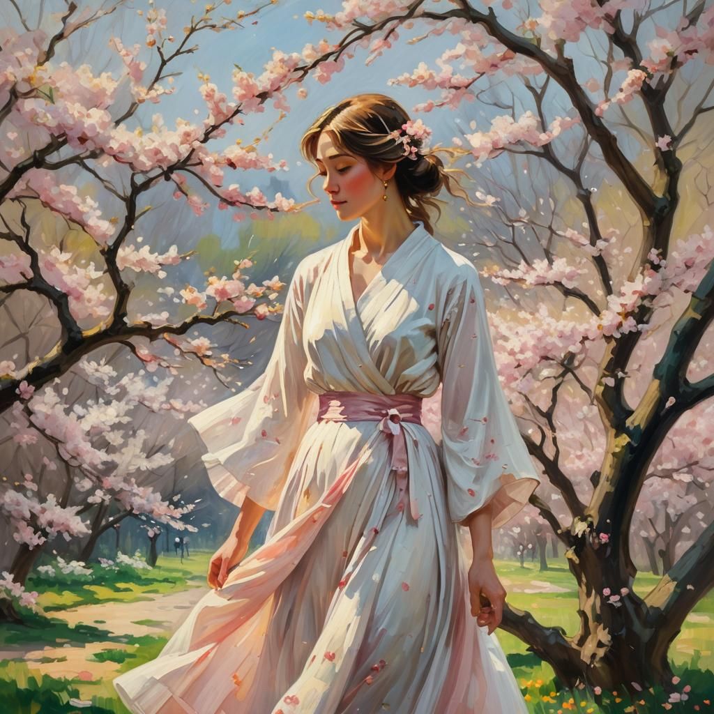 Woman Under Cherry Blossom Tree in Impressionist Style